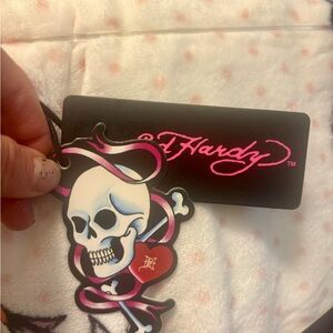 Ed Hardy White and Pink Plush Throw with Skull and Rose Design